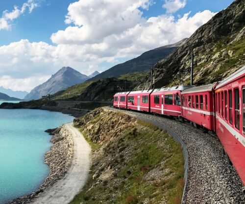 Train Traveling through Swiss Alps