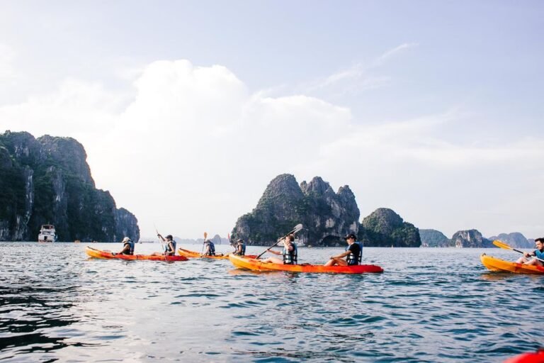 Một nhóm du khách tươi cười đang chụp ảnh tại Vịnh Hạ Long, thể hiện sự vui vẻ và tiện lợi của tour trọn gói