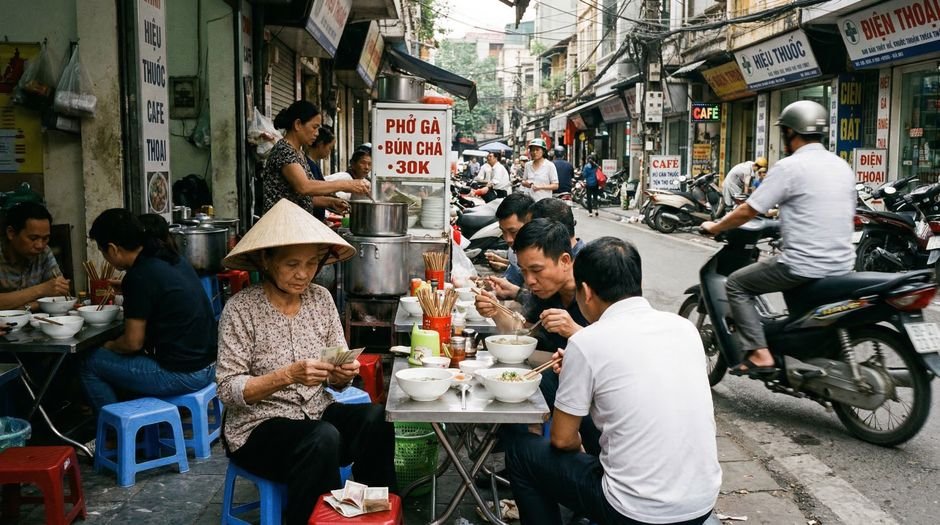 Du khách thưởng thức ẩm thực đường phố tại phố cổ Hà Nội trong tour du lịch văn hóa ẩm thực Việt Nam trọn gói.
